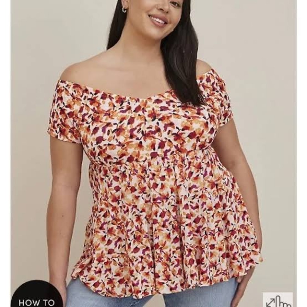 Torrid Floral Smocked Off Shoulder Peplum Babydoll Top Orange Purple Size 6
